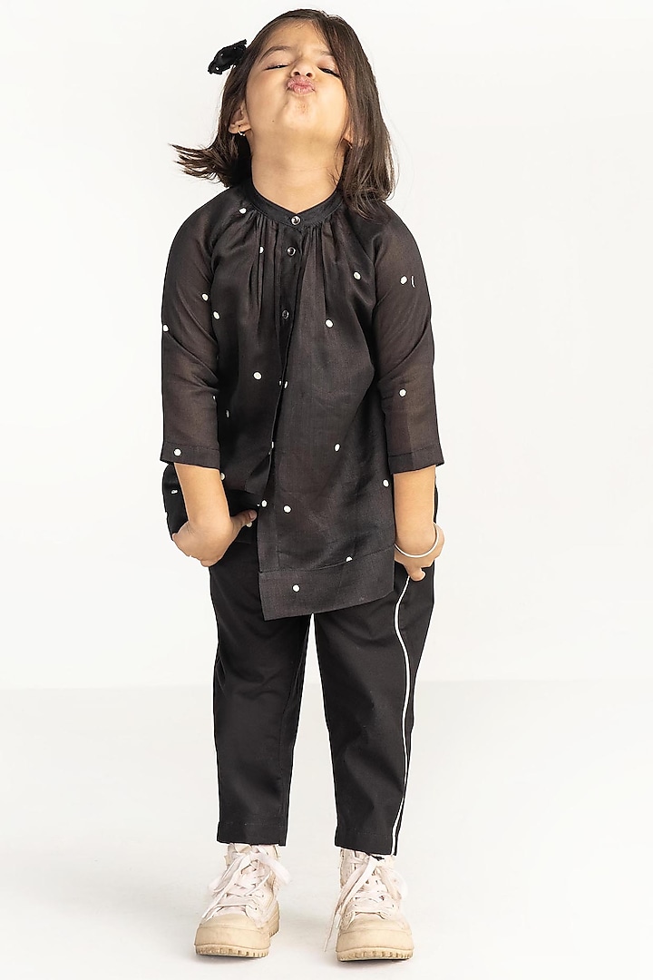 Black Applique Striped Pants For Girls by Three Kidswear at Pernia's Pop Up Shop