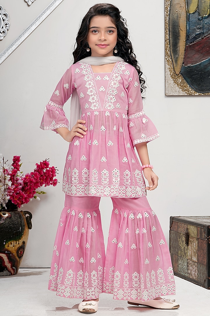 Neon Pastel Pink Cotton Mulmul Mirror Embroidered Sharara Set For Girls by TIAARNA at Pernia's Pop Up Shop