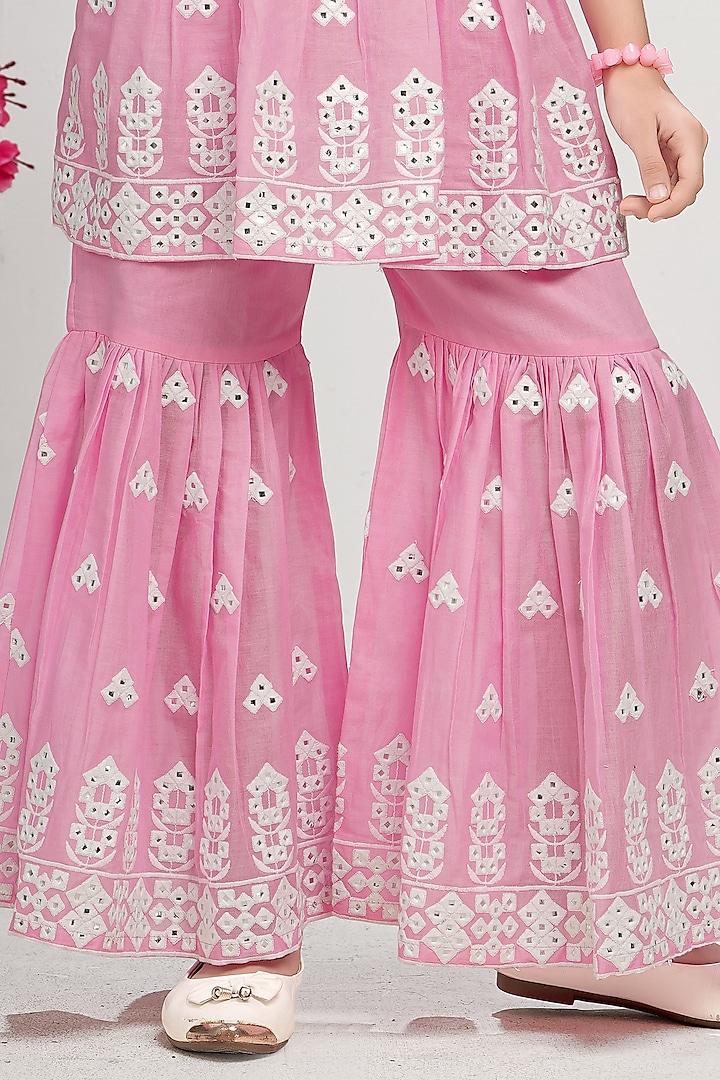 Neon Pastel Pink Cotton Mulmul Mirror Embroidered Sharara Set For Girls by TIAARNA at Pernia's Pop Up Shop