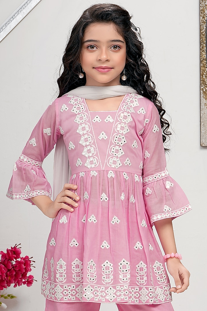 Neon Pastel Pink Cotton Mulmul Mirror Embroidered Sharara Set For Girls by TIAARNA at Pernia's Pop Up Shop
