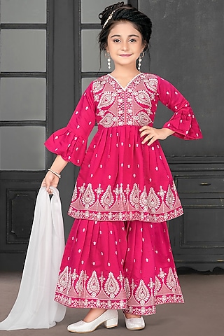 Rani Pink Modal Chiffon Thread Embroidered Sharara Set For Girls by TIAARNA