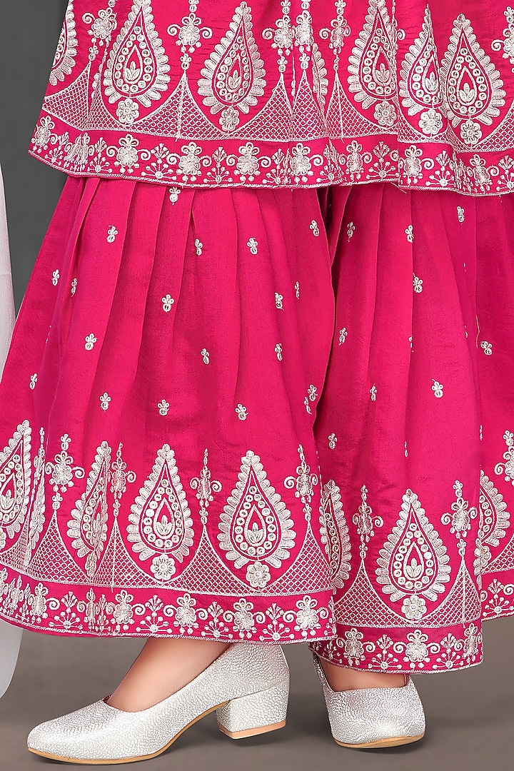 Rani Pink Modal Chiffon Thread Embroidered Sharara Set For Girls by TIAARNA at Pernia's Pop Up Shop