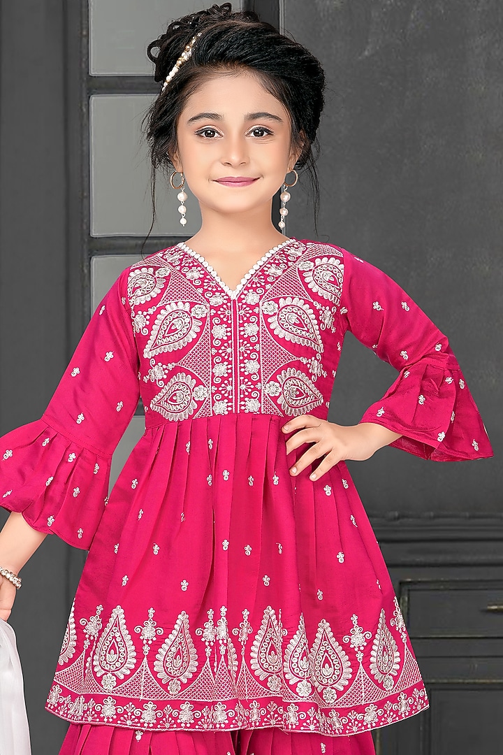 Rani Pink Modal Chiffon Thread Embroidered Sharara Set For Girls by TIAARNA at Pernia's Pop Up Shop