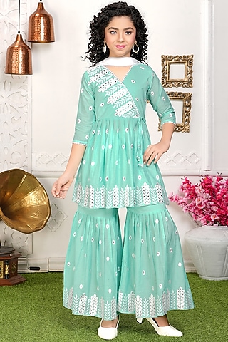 Seafoam Green Cotton Mulmul Thread Embroidered Sharara Set For Girls by TIAARNA