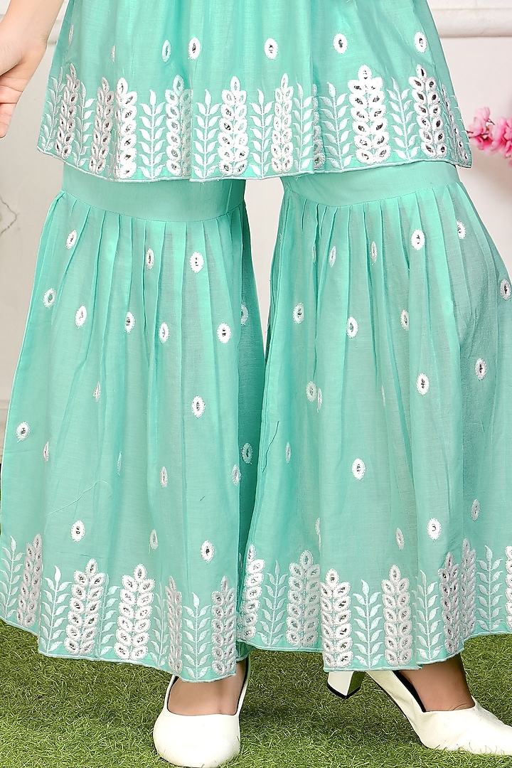 Seafoam Green Cotton Mulmul Thread Embroidered Sharara Set For Girls by TIAARNA at Pernia's Pop Up Shop
