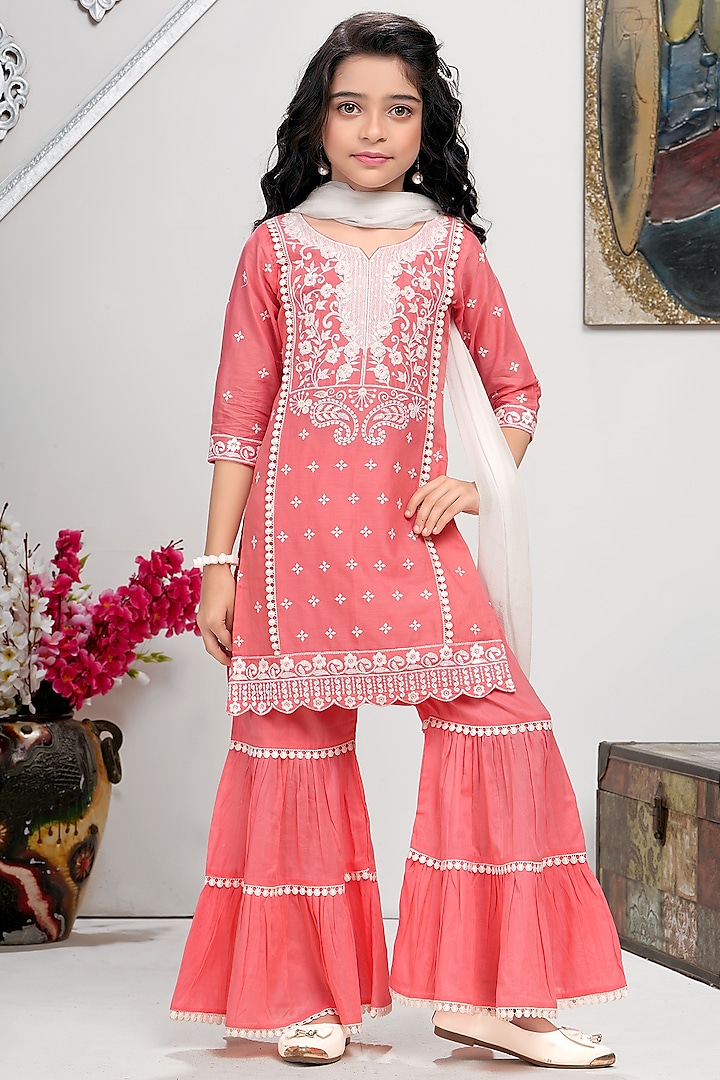 Light Coral Cotton Mulmul Thread Embroidered Sharara Set For Girls by TIAARNA