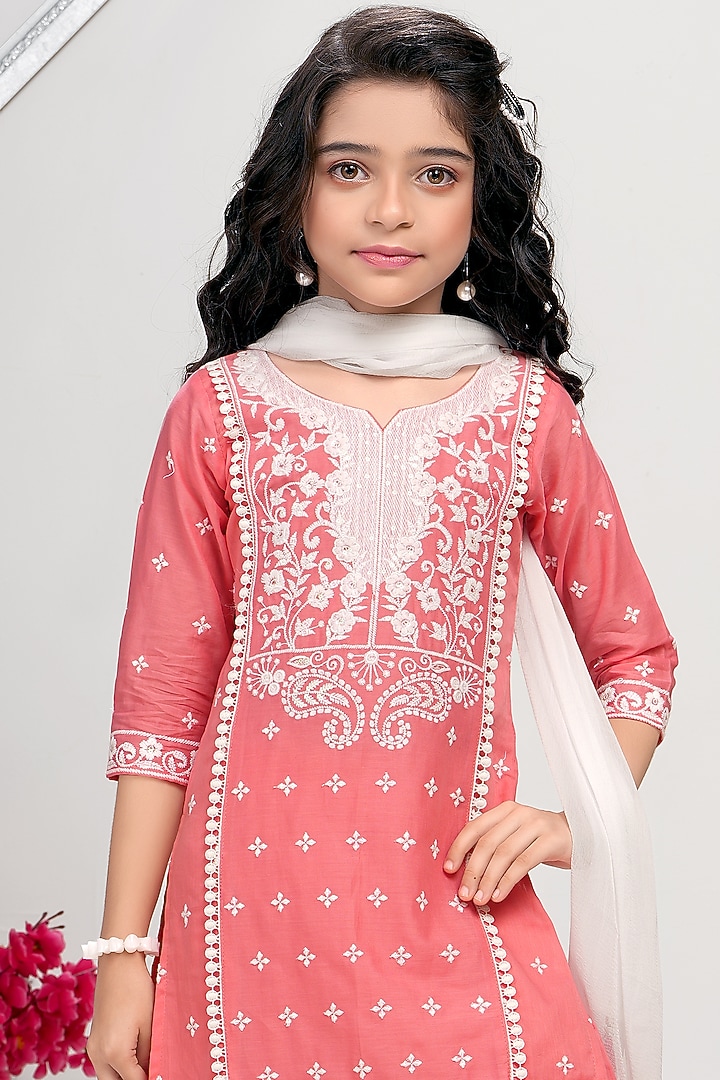 Light Coral Cotton Mulmul Thread Embroidered Sharara Set For Girls by TIAARNA at Pernia's Pop Up Shop