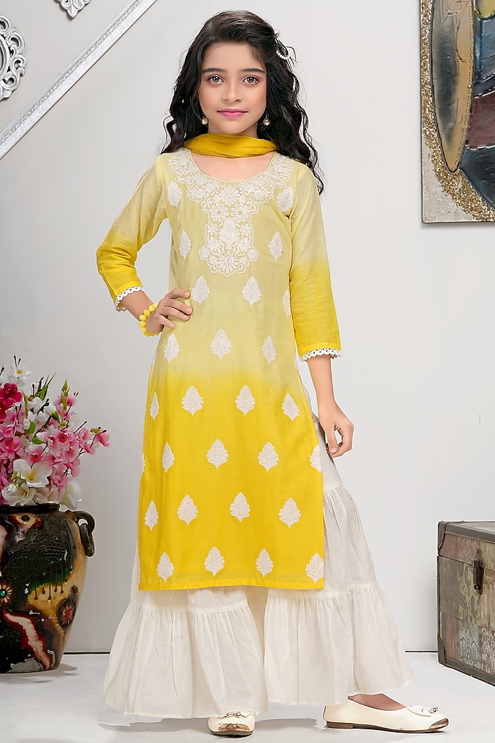 Yellow Cotton Mulmul Sharara Set For Girls by TIAARNA at Pernia's Pop Up Shop