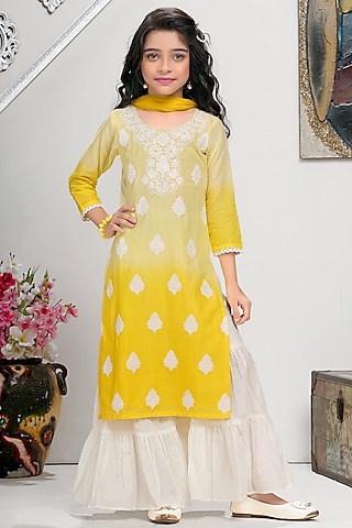 Yellow Cotton Mulmul Sharara Set For Girls by TIAARNA