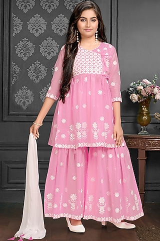 Pink Cotton Mulmul Thread Embroidered Sharara Set For Girls by TIAARNA