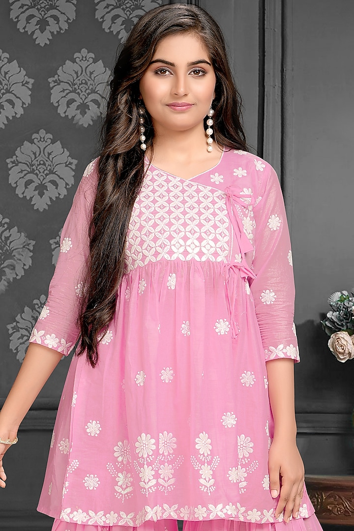 Pink Cotton Mulmul Thread Embroidered Sharara Set For Girls by TIAARNA at Pernia's Pop Up Shop