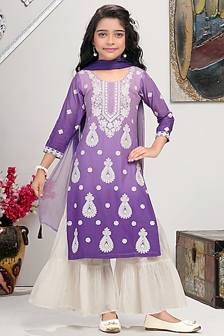Purple Cotton Mulmul Sharara Set For Girls by TIAARNA