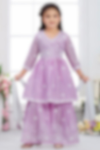 Lilac Cotton Mulmul Thread Embroidered Sharara Set For Girls by TIAARNA