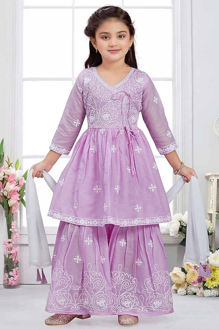 Lilac Cotton Mulmul Thread Embroidered Sharara Set For Girls by TIAARNA