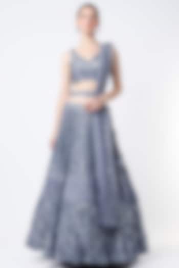 Bluish Grey Organza Embroidered Bridal Lehenga Set by Angad Singh at Pernia's Pop Up Shop