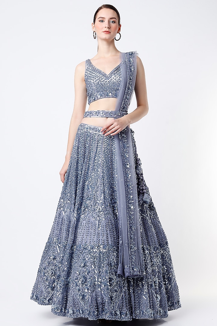 Bluish Grey Organza Embroidered Bridal Lehenga Set by Angad Singh at Pernia's Pop Up Shop