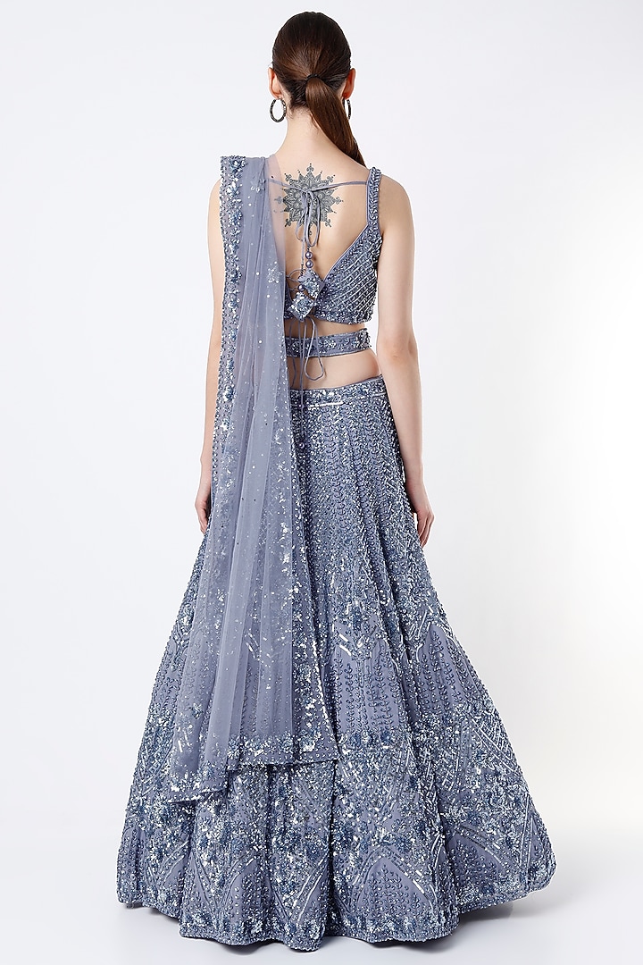 Bluish Grey Organza Embroidered Bridal Lehenga Set by Angad Singh at Pernia's Pop Up Shop