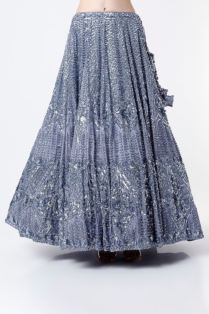 Bluish Grey Organza Embroidered Bridal Lehenga Set by Angad Singh at Pernia's Pop Up Shop