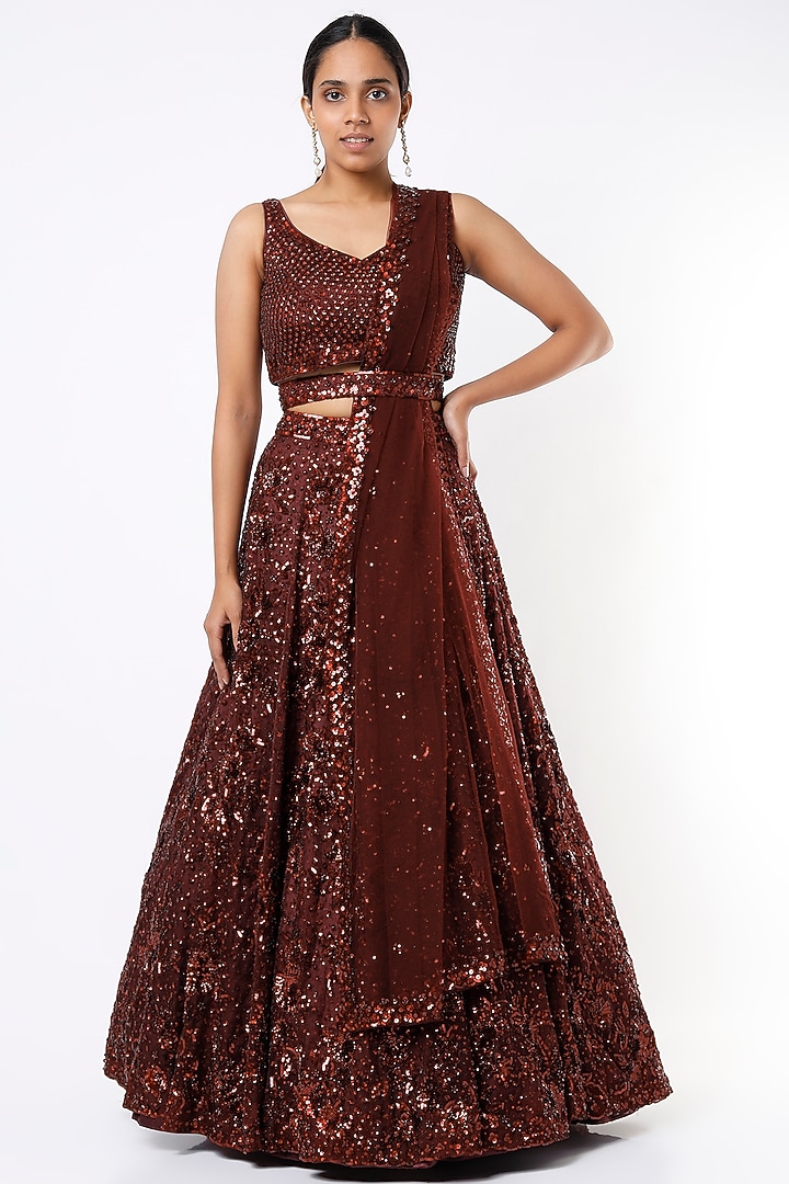 Burgundy Organza Embroidered Bridal Lehenga Set by Angad Singh at Pernia's Pop Up Shop