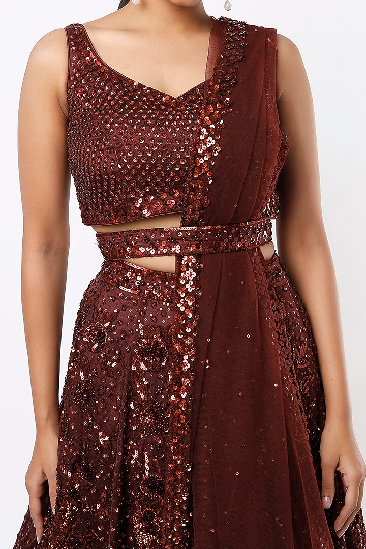 Burgundy Organza Embroidered Bridal Lehenga Set by Angad Singh at Pernia's Pop Up Shop