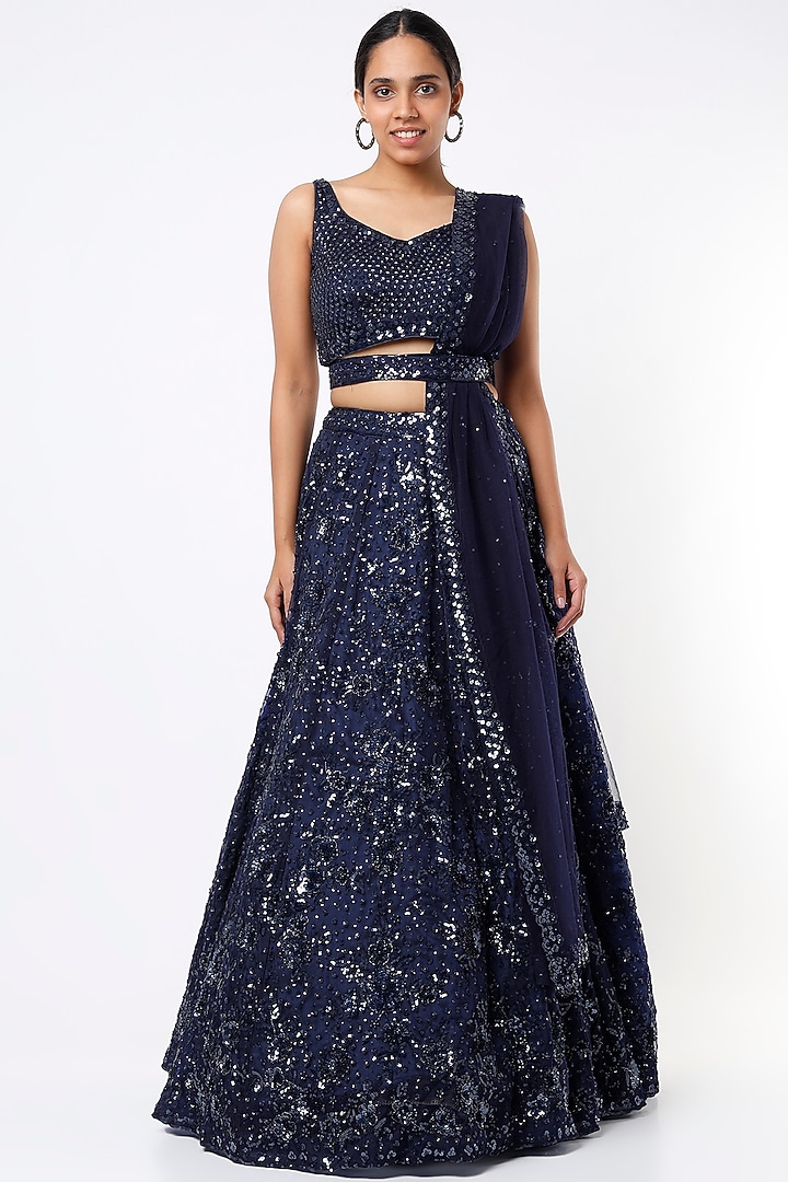 Navy Blue Organza Embroidered Bridal Lehenga Set by Angad Singh at Pernia's Pop Up Shop