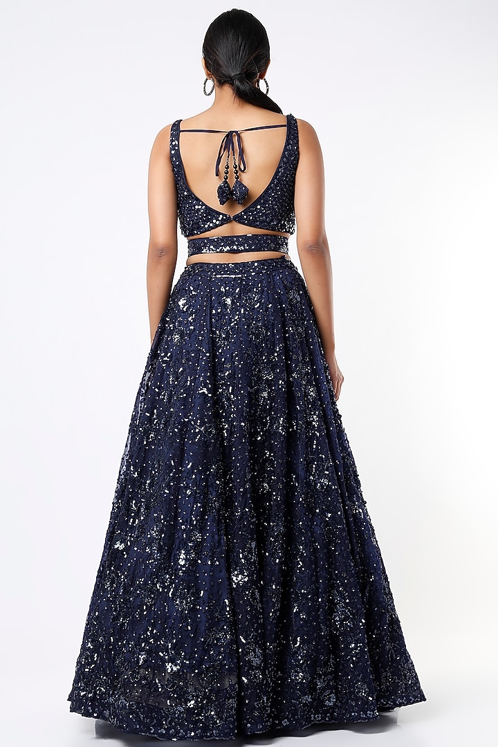 Navy Blue Organza Embroidered Bridal Lehenga Set by Angad Singh at Pernia's Pop Up Shop