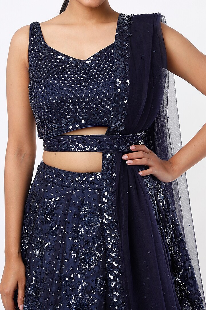 Navy Blue Organza Embroidered Bridal Lehenga Set by Angad Singh at Pernia's Pop Up Shop