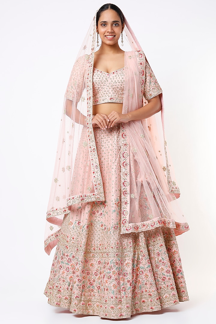 Peach Raw Silk Embroidered Wedding Lehenga Set by Angad Singh at Pernia's Pop Up Shop