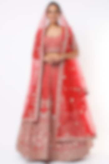 Red Raw Silk Zardosi Embroidered Wedding Lehenga Set  by Angad Singh at Pernia's Pop Up Shop