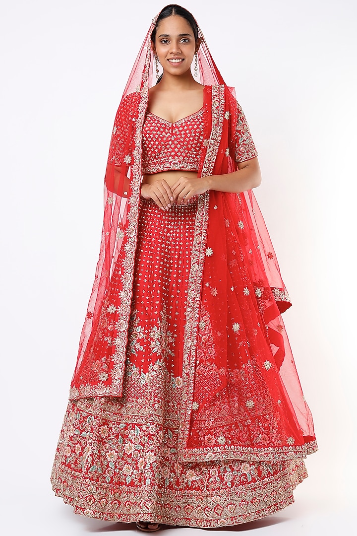 Red Raw Silk Zardosi Embroidered Wedding Lehenga Set  by Angad Singh at Pernia's Pop Up Shop
