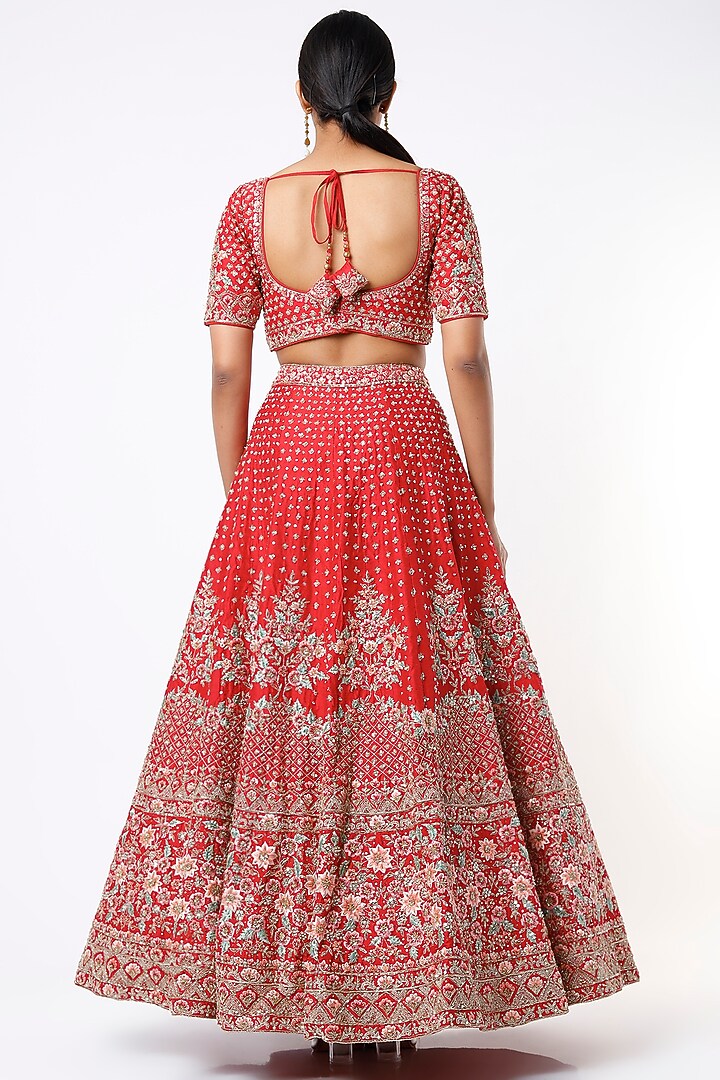 Red Raw Silk Zardosi Embroidered Wedding Lehenga Set  by Angad Singh at Pernia's Pop Up Shop