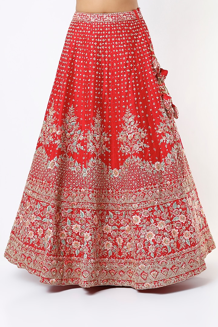 Red Raw Silk Zardosi Embroidered Wedding Lehenga Set  by Angad Singh at Pernia's Pop Up Shop