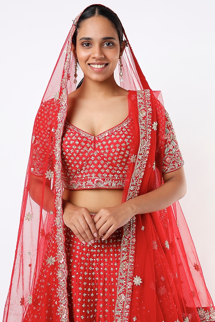 Red Raw Silk Zardosi Embroidered Wedding Lehenga Set  by Angad Singh at Pernia's Pop Up Shop