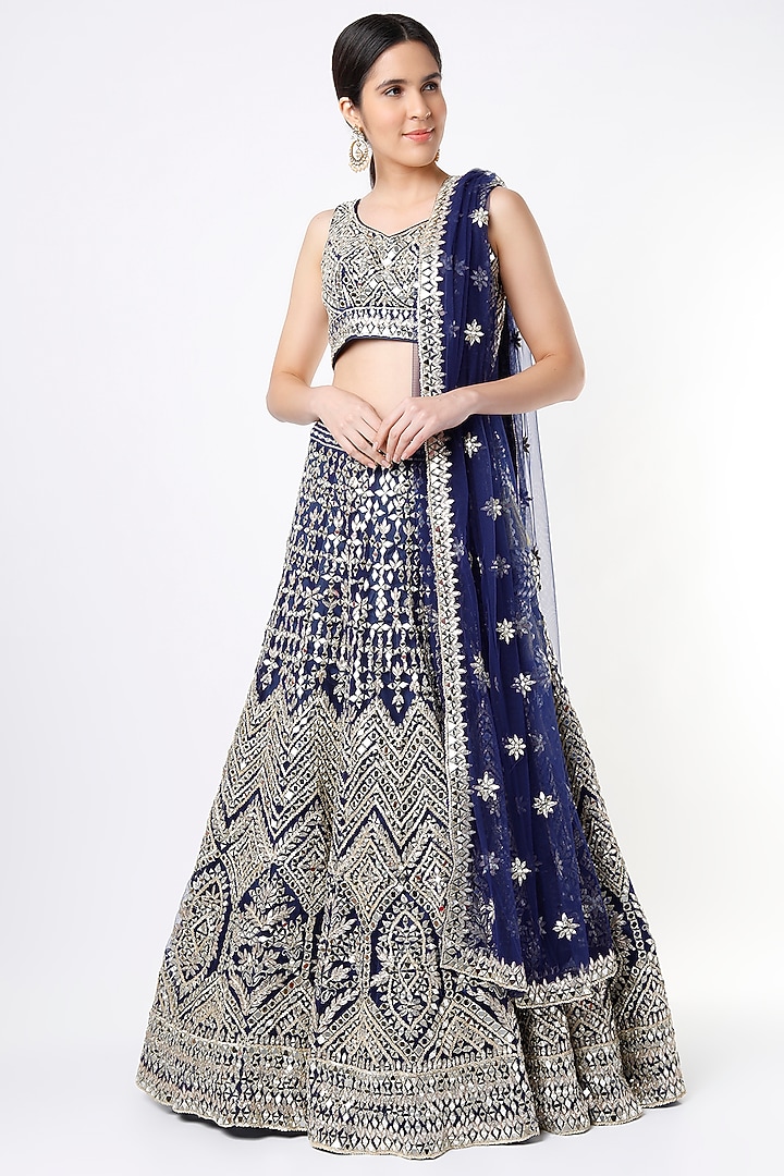 Navy Blue Net Embroidered Wedding Lehenga Set by Angad Singh at Pernia's Pop Up Shop