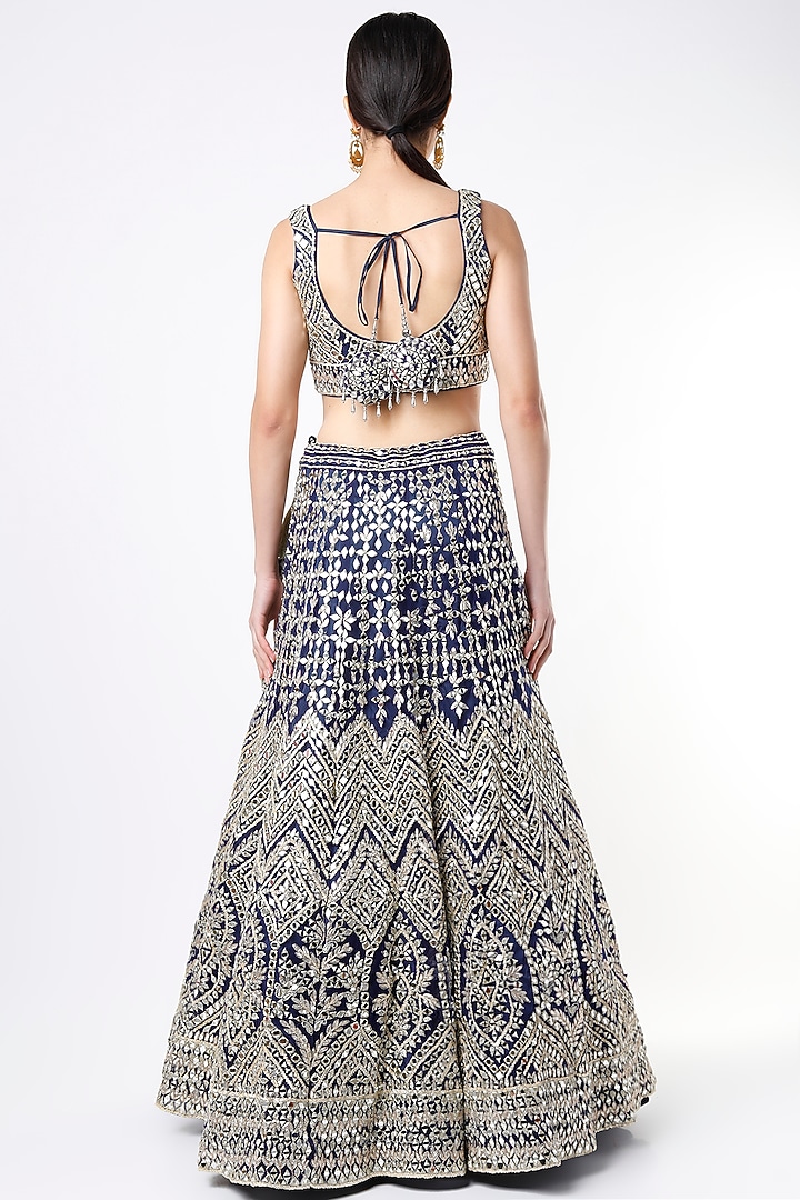 Navy Blue Net Embroidered Wedding Lehenga Set by Angad Singh at Pernia's Pop Up Shop