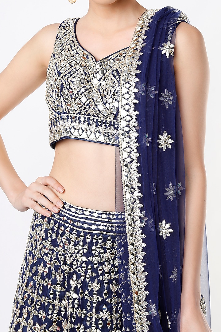 Navy Blue Net Embroidered Wedding Lehenga Set by Angad Singh at Pernia's Pop Up Shop