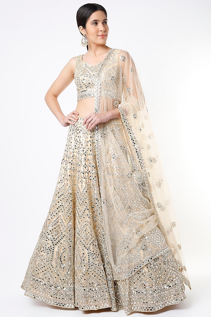Beige Net Embroidered Wedding Lehenga Set by Angad Singh at Pernia's Pop Up Shop