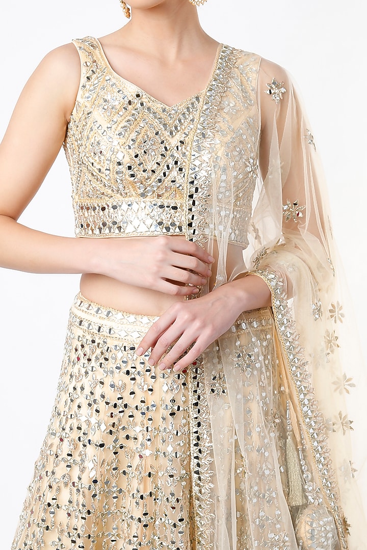 Beige Net Embroidered Wedding Lehenga Set by Angad Singh at Pernia's Pop Up Shop