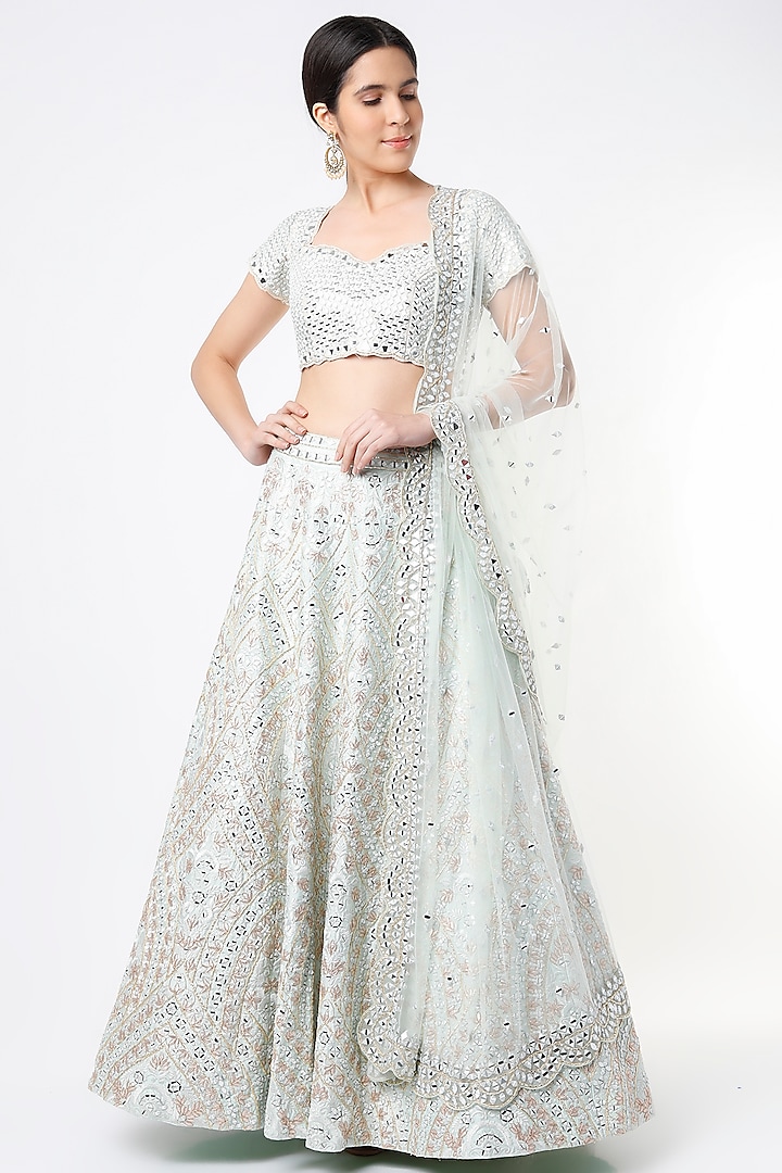 Sea Green Net Embroidered Wedding Lehenga Set by Angad Singh at Pernia's Pop Up Shop