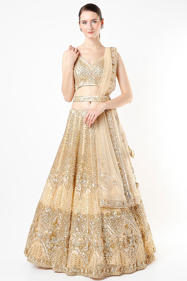 Gold Organza Embroidered Bridal Lehenga Set by Angad Singh at Pernia's Pop Up Shop