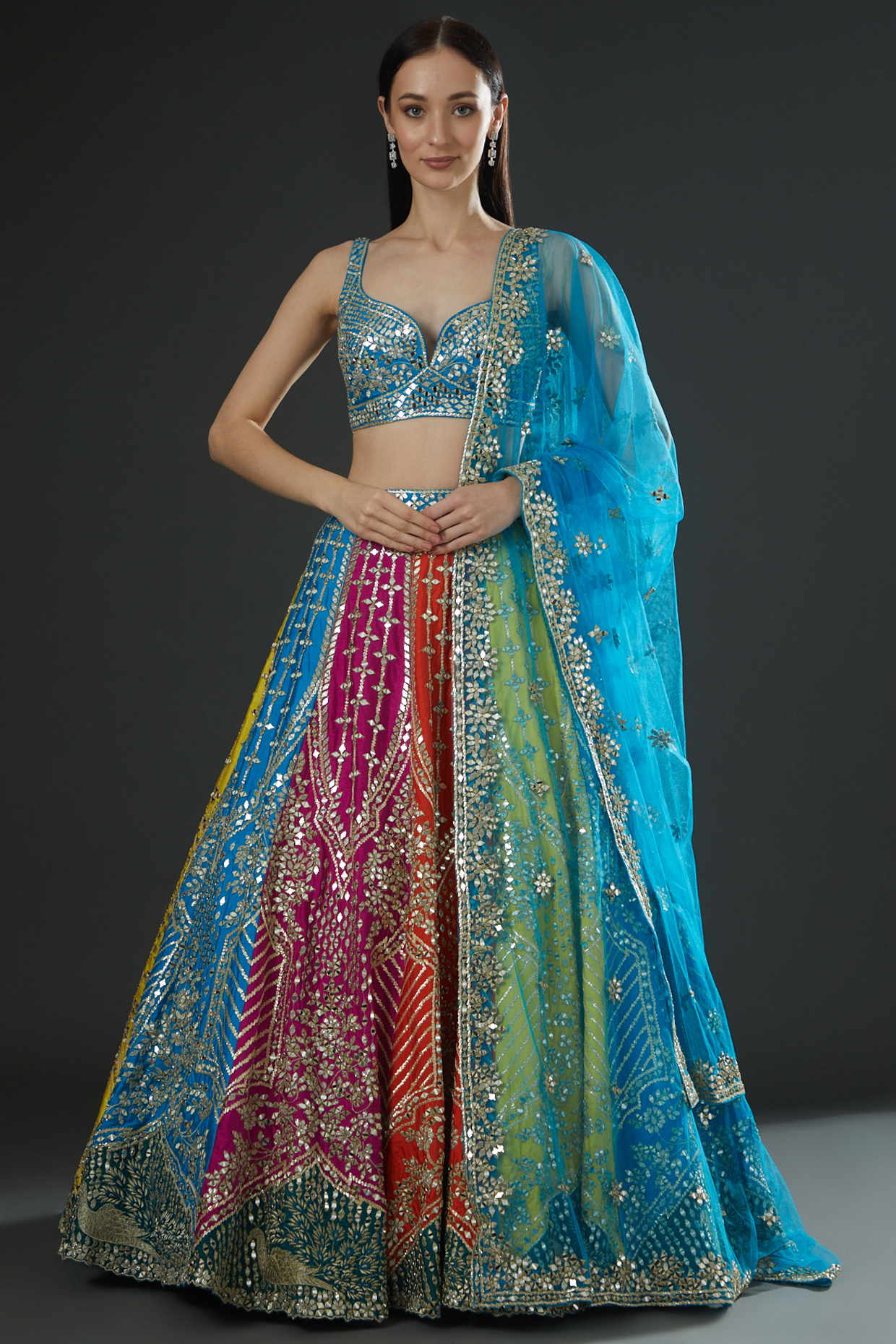 Multi-Colored Silk Embroidered Lehenga Set by Angad Singh