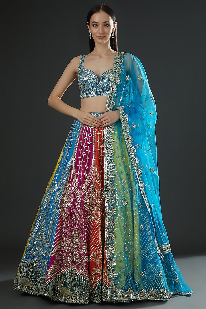 Multi-Colored Silk Embroidered Lehenga Set by Angad Singh