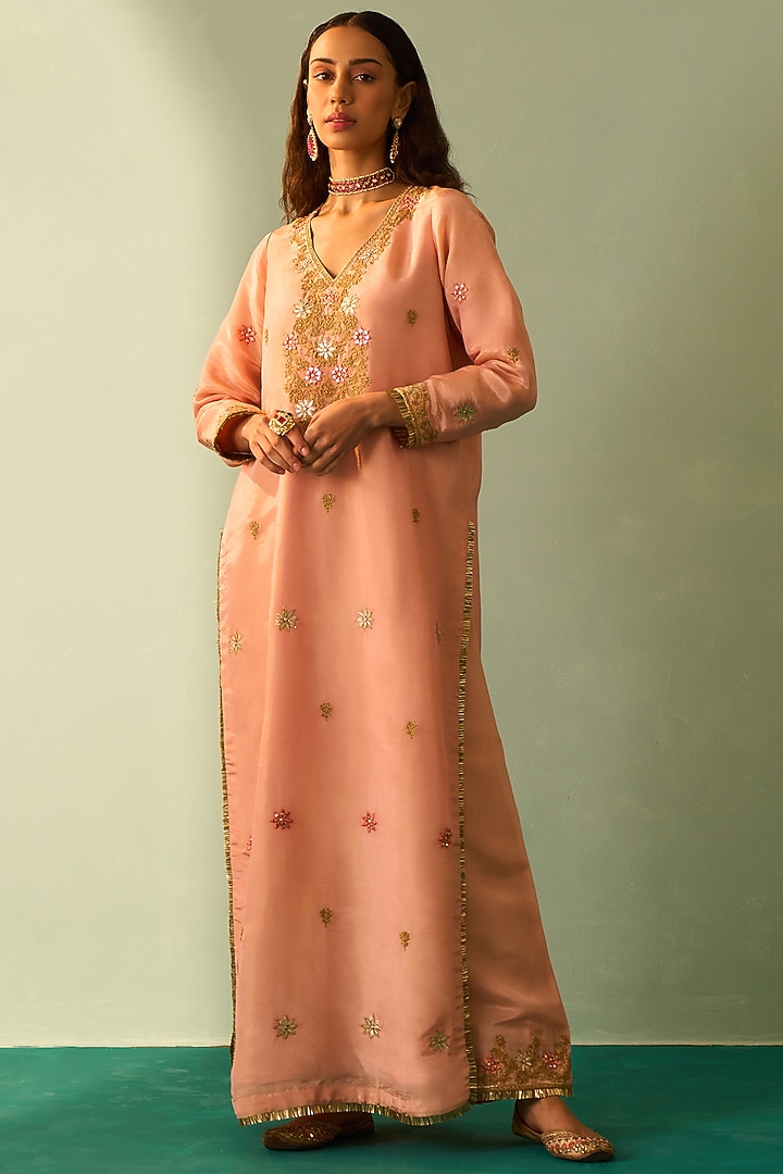 Peach Tissue Embroidered Choga Set by Angad Singh at Pernia's Pop Up Shop