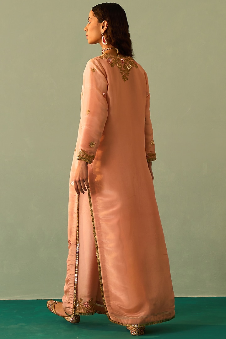 Peach Tissue Embroidered Choga Set by Angad Singh at Pernia's Pop Up Shop