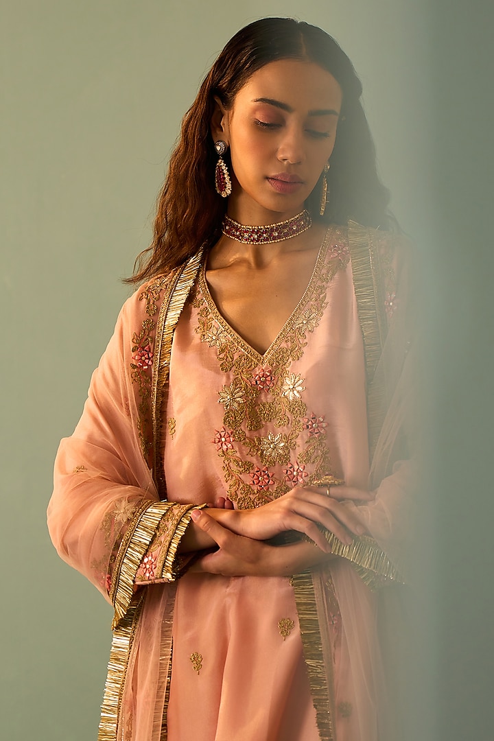Peach Tissue Embroidered Choga Set by Angad Singh at Pernia's Pop Up Shop