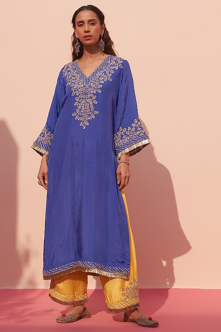 Blue Silk Zardosi Embroidered Choga Set by Angad Singh at Pernia's Pop Up Shop