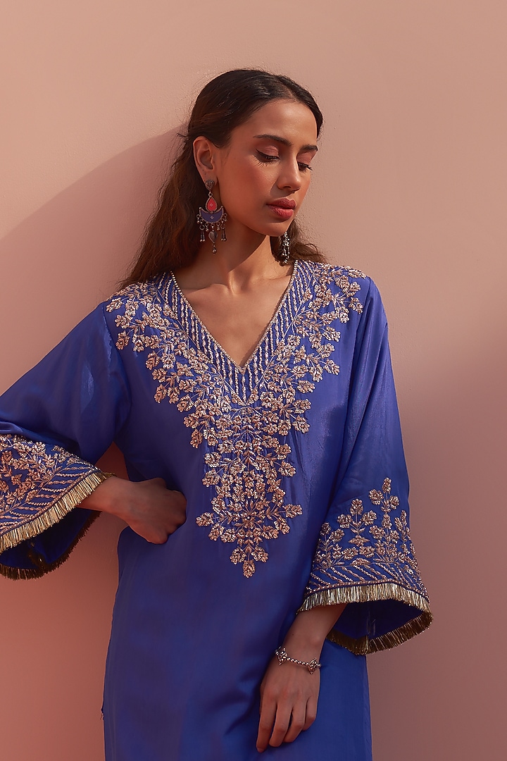 Blue Silk Zardosi Embroidered Choga Set by Angad Singh at Pernia's Pop Up Shop