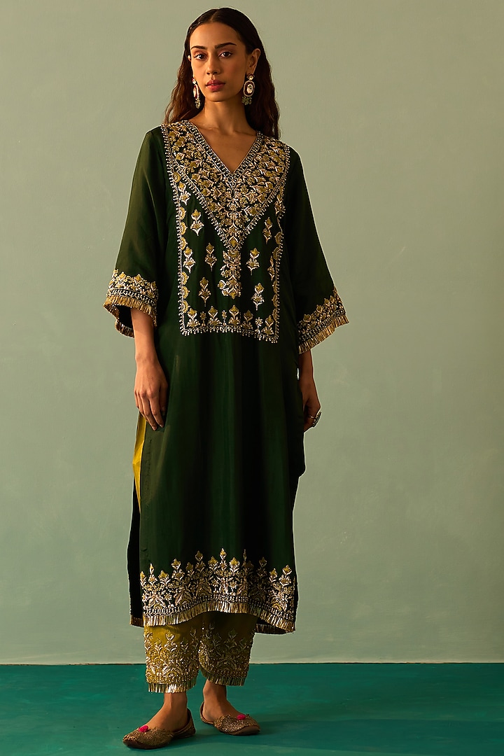 Green Silk Embroidered Choga Set by Angad Singh at Pernia's Pop Up Shop