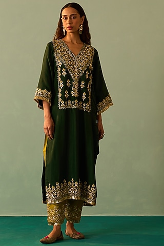 Green Silk Embroidered Choga Set by Angad Singh