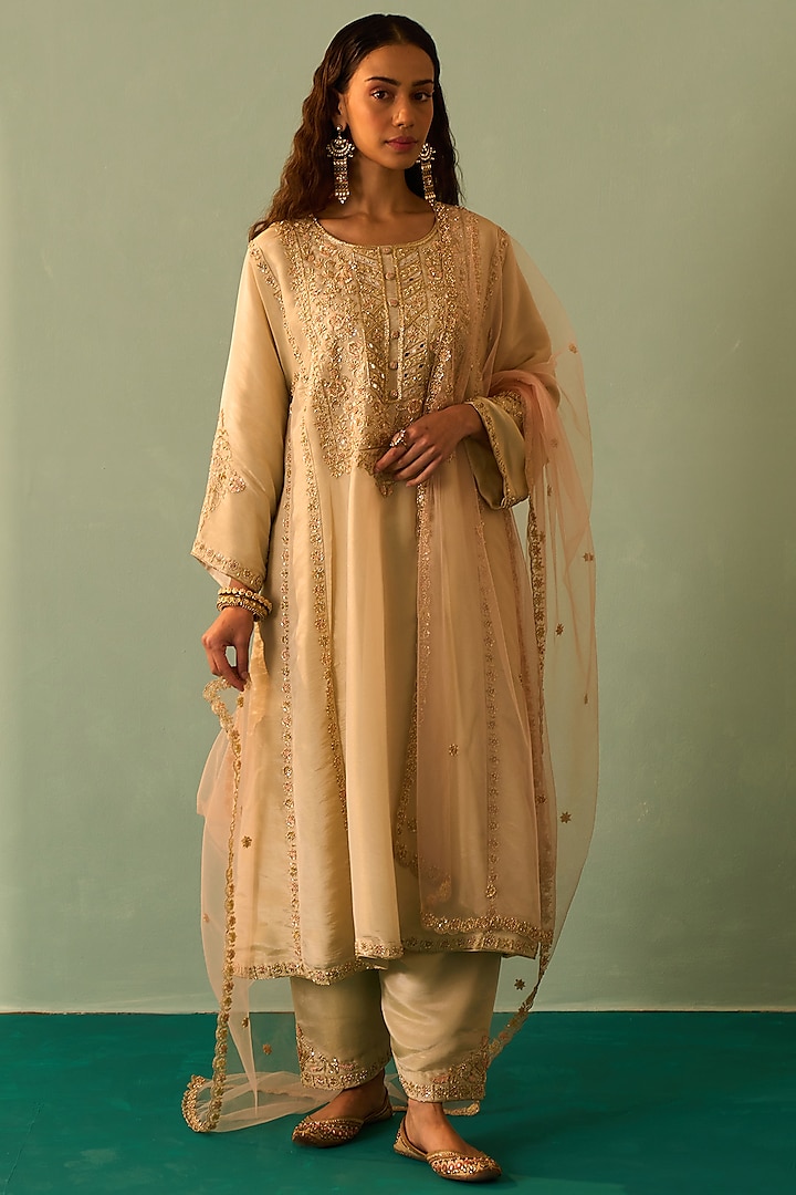 Gold Tissue Embroidered Choga Set by Angad Singh